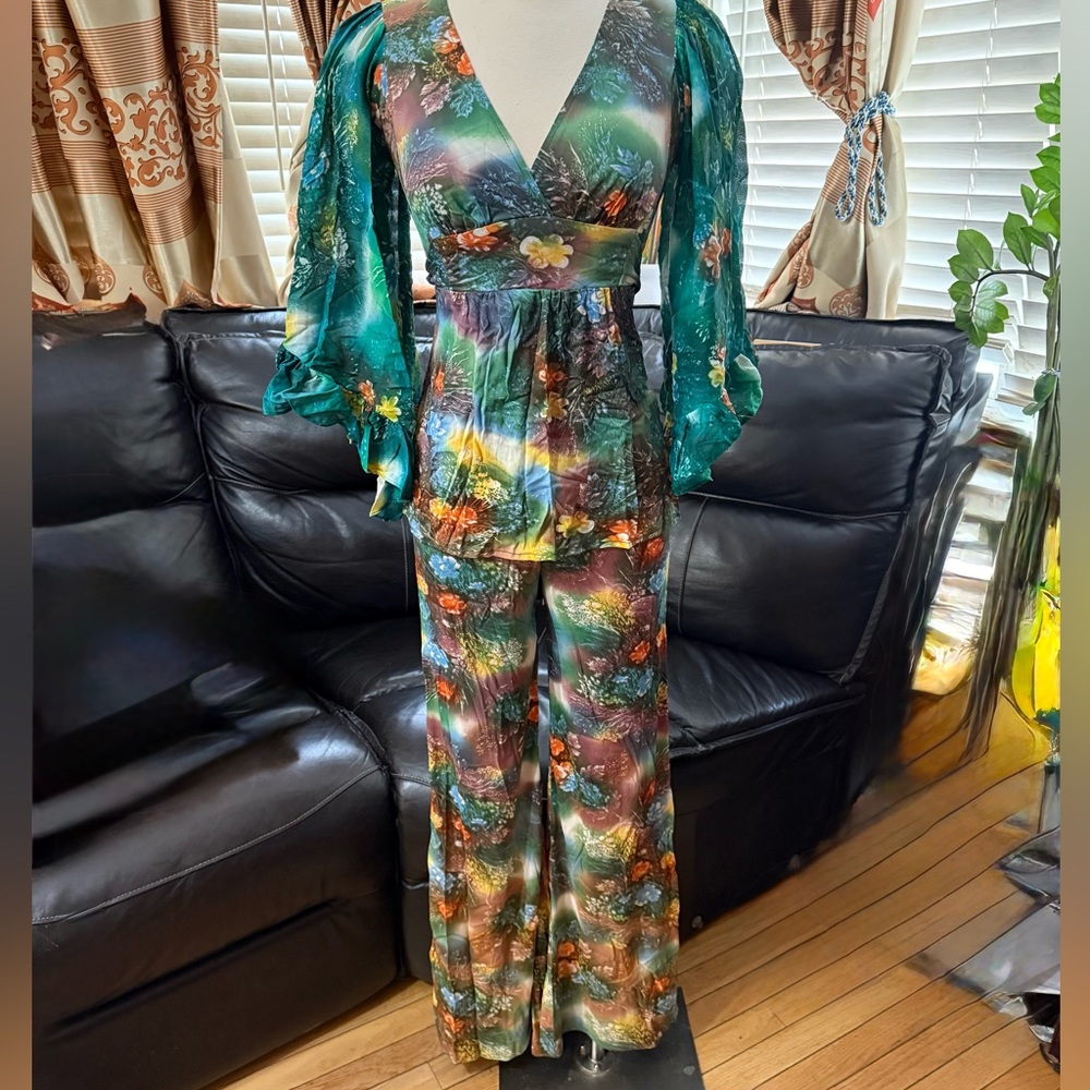 1970s Angel Sleeve Blouse and Flare Pants